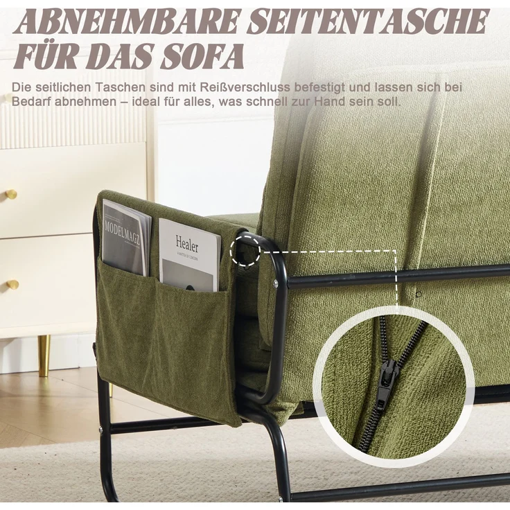 ZUBALIYA Schlafsofa 85x92 cm, mit Stauraum, mit Chenille - Bezug, mit breiten Armlehnen, mit Schaumstoffpolsterung, Schwarz – Bild 5