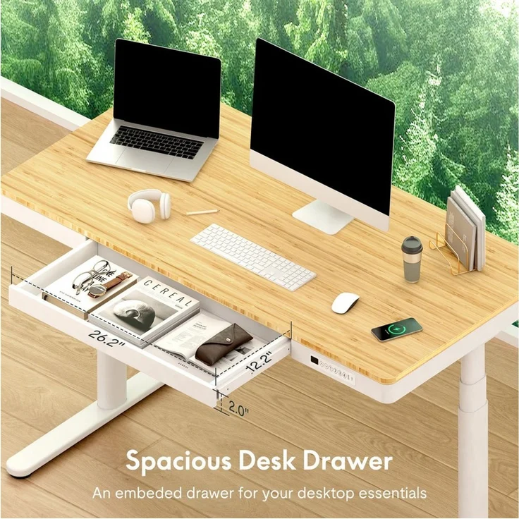 FLEXISPOT Schreibtisch Höhenverstellbarer Schreibtisch MIT Schubladen (mit kabellosem Laden, 4 Memory-Tasten, Schublade & Kabelmanagement), Doppelmotor, 3-stufige Beine, 140x70cm Bambusplatte, einfache Montage – Bild 2