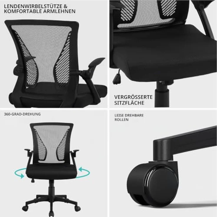 Yaheetech Bürostuhl Ergonomisch, Schreibtischstuhl mit Netzbespannung, Arbeitsstuhl mit Armlehnen, Chefsessel aus Mesh, höhenverstellbarer Computerstuhl 136 kg, atmungsaktiv, Wippfunktion Schwarz – Bild 6
