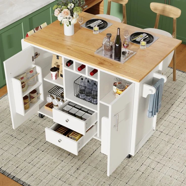 Merax Kücheninsel, Buffetschrank, Küchenschrank, Küchenwagen und klappbarer Arbeitsplatte mit Handtuchhalter Gewürzregal Türregal Weinregal und verstellbaren Einlegeböden, weiß – Bild 2