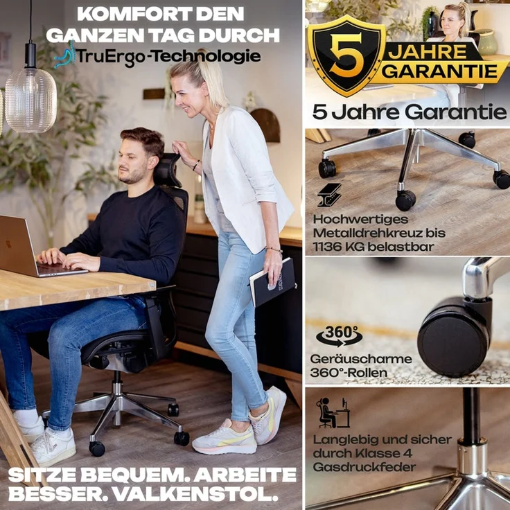 VALKENSTOL M6 POLSTER-SITZ Bürostuhl ergonomisch mit Schaumstoff Sitz - 5 Jahre Garantie - adaptive Lordosenstütze - verstellbare Sitztiefe – Bild 5