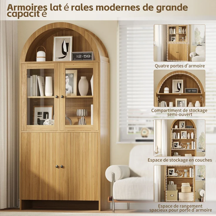 Sideboard mit Bogendecke , Vitrine mit Glastüren , Geschlossener Aufbewahrungsschrank mit Wellenmuster , Wohnzimmerschrank--Natürlich--78x40x176cm--YOUDENOVA – Bild 9