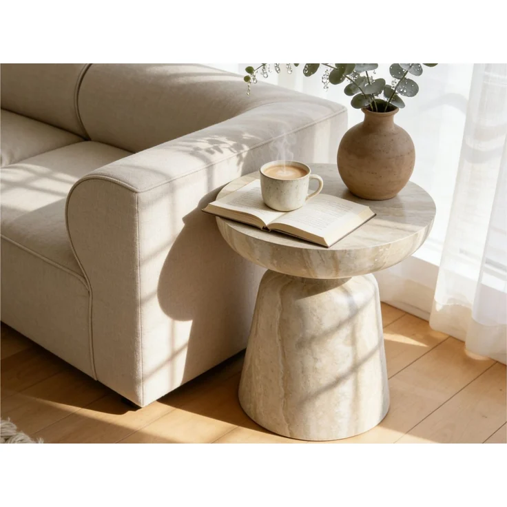 Round Accent Side Table with Bowl Top, Fiberglass with Sticker Finish, Modern Pedestal End Table for Living Room (Beige) – Bild 1