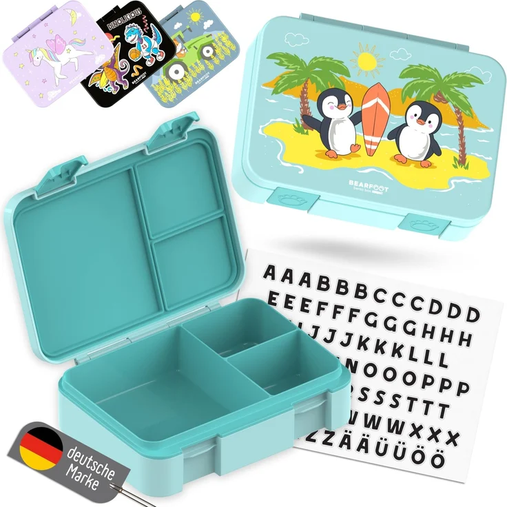 BEARFOOT Bento Box COMPACT Kinder Brotdose (Pinguin-mint, 950 ml) | BPA-frei, auslaufsichere Lunchbox mit Fächern, für Schule & Kindergarten, für Mädchen & Jungen, leicht & kompakt