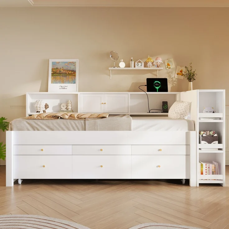 Ausziehbett mit Liegefläche 90×200 cm, Gästebett und 3 Schubladen, Weiß, ohne Matratze – Bild 3