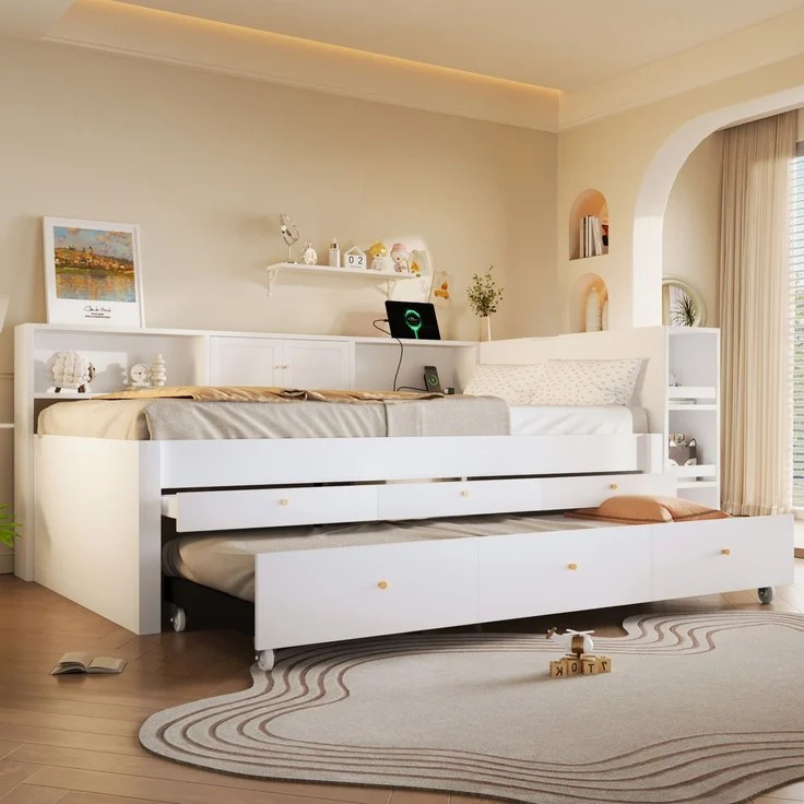 Stauraumbett 140x200 cm mit 3 Schubladen, ausziehbarem Gästebett und USB-Anschluss – Weiß (ohne Matratze) – Bild 3
