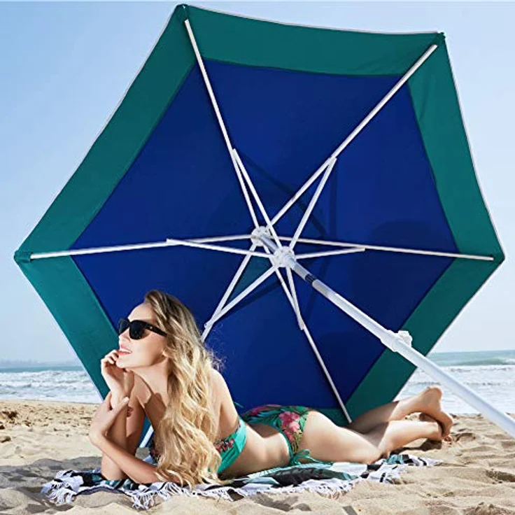 BAKAJI Sonnenschirm für Meer, Strand, Garten, mit Stahlstange, neigbar, Bezug aus Stoff, UV-Schutz, Durchmesser 210 cm, mit Schultergurt, türkis, Ø 210 cm – Bild 2