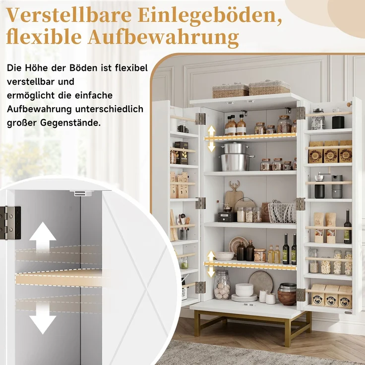 Vorratsschrank 60 x 40 x 130 cm aus Spanplatte in Weiß mit goldfarbenen Griffen – Bild 8