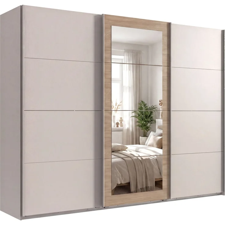 Schwebetürenschrank 3-trg. Kleiderschrank 270 cm Beige Grau, Eiche Natur Spiegel – Bild 1