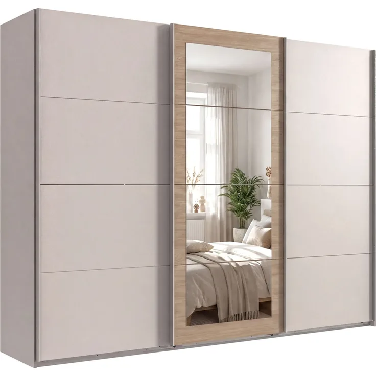 Schwebetürenschrank 3-trg. Kleiderschrank 270 cm Beige Grau, Eiche Natur Spiegel