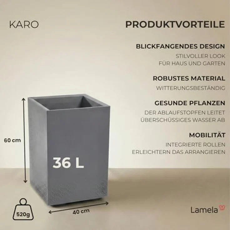 LAMELA Pflanzkübel mit Rollen Höhe 60 cm, 36L – Blumentopf aus Kunststoff in Betonoptik – Übertopf mit Wasserablauf – Modern für Innen & Außen - Wetterfest & Pflegeleicht, Grau – Bild 3