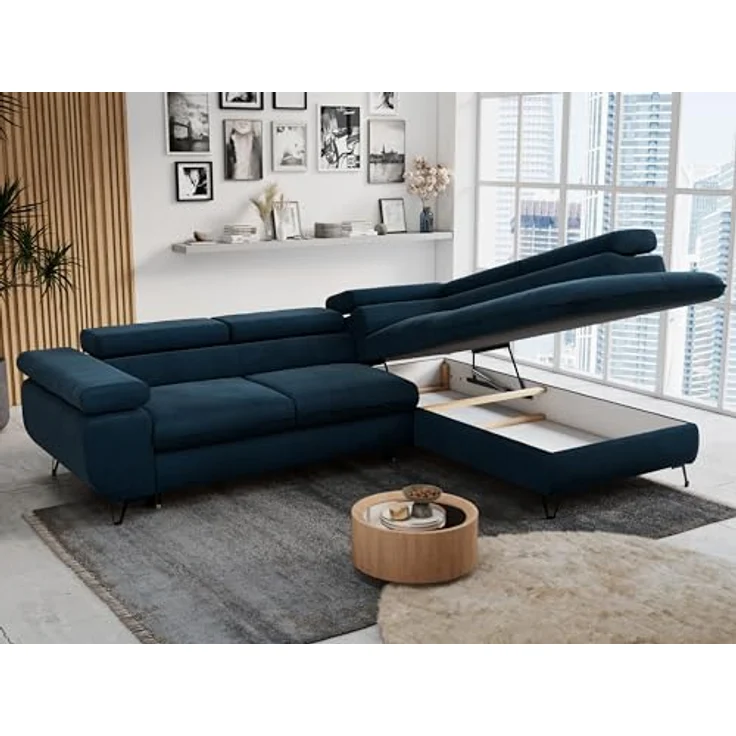 Mks Möbel 'Peter L-form' Ecksofa mit Bettfunktion, Bettkasten & einstellbaren Kopfstützen, Dunkelblau, Velours, rechts – Bild 5