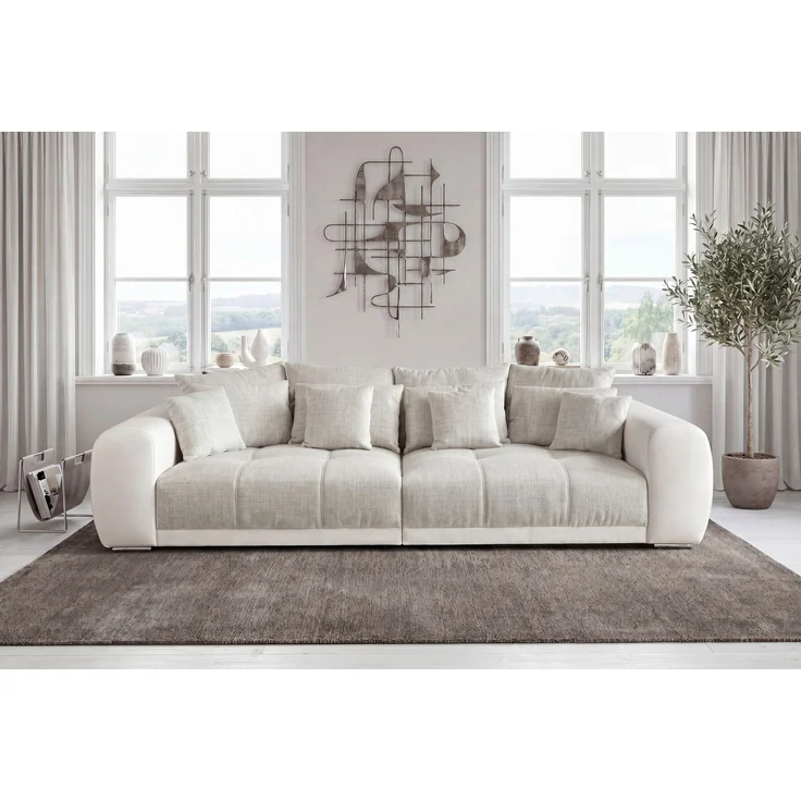 Big-Sofa XXL 306 cm Federkern Lounge Couch Kunstleder Weiß und Stoff Grau Beige – Bild 2