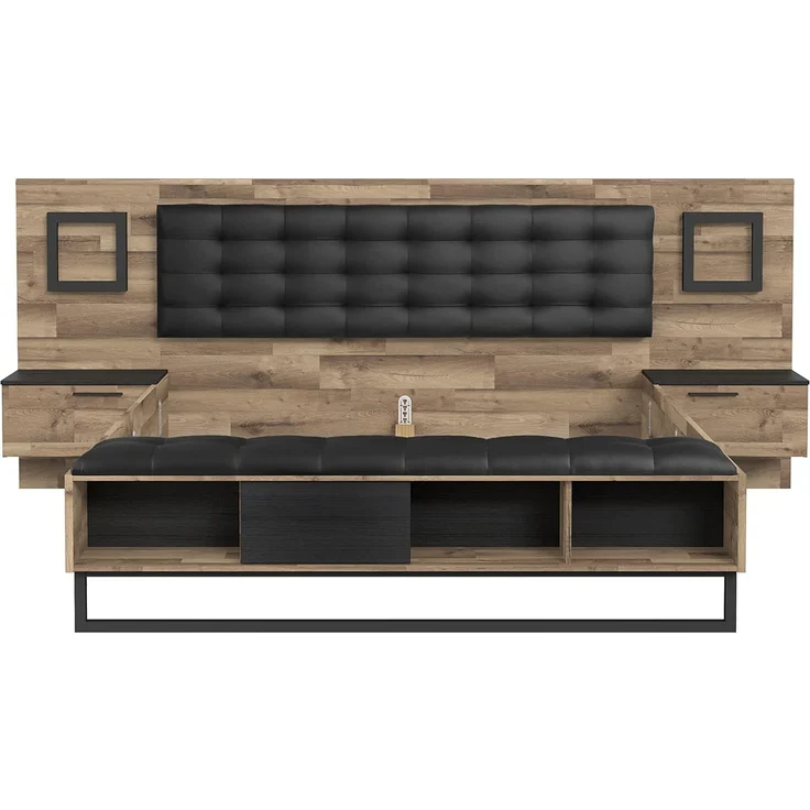 FORTE JAKOBINA Bett mit Nachtkommoden und 2 Schubladen und 1 Tür, Liegefläche 180x200 cm, Holzwerkstoff, Planked Eiche / Schwarzeiche, 296.8 x 119.7 x 234.5 cm – Bild 2