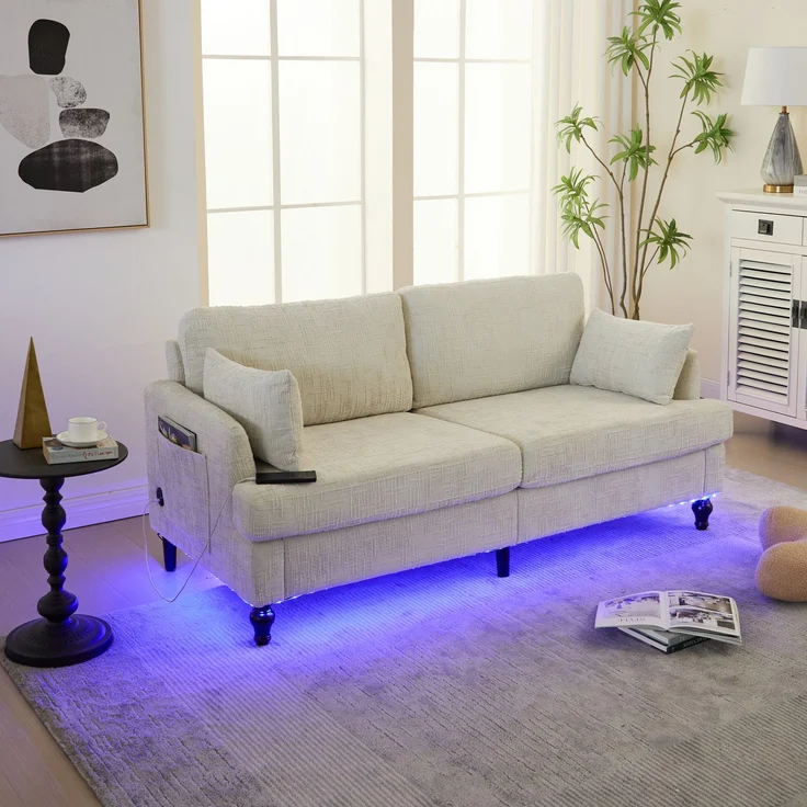 2-sitziges Chenille-Sofa mit USB-Ladeanschluss, LED-Licht und Aufbewahrungstasche in Beige – Bild 5