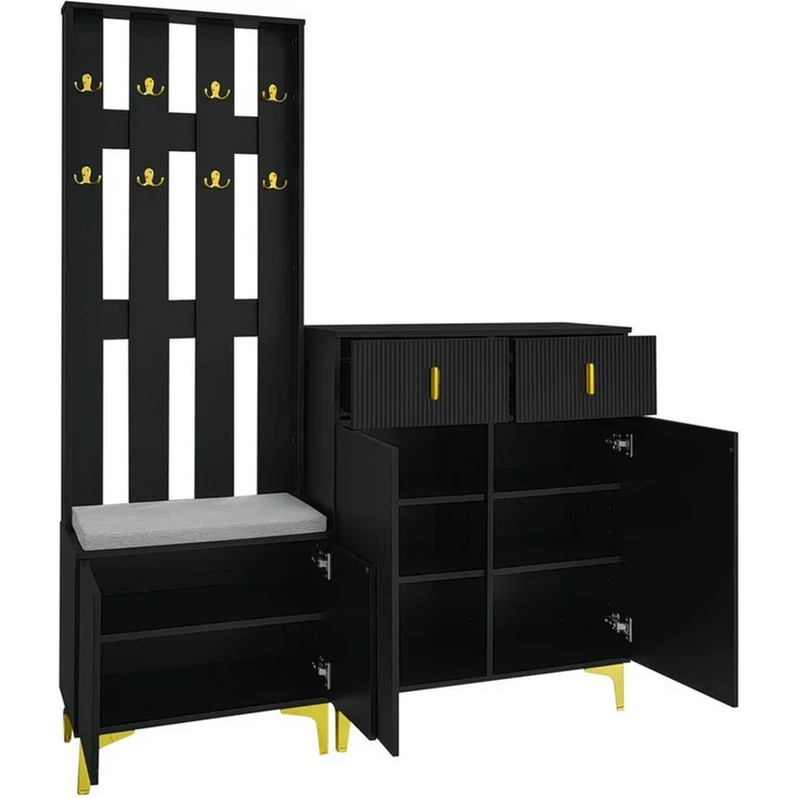Furnishings Home Schuhbank Garderobenset mit Schuhbank Garderobenfront mit Haken (1-St), Goldenen Griffe Scharnieren mit zwei Schubladen und zwei Türen – Bild 3