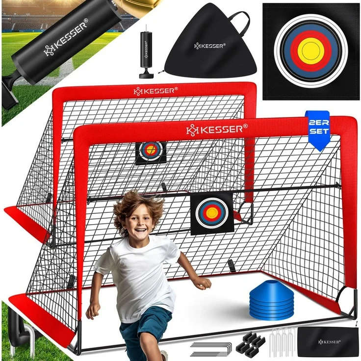 KESSER Pop-Up Fußballtor, 2er Set, mit Transporttasche, 6x Hütchen, Ballpumpe & Zielscheibe, Glasfaserstangen, Rot, 120x90 cm – Bild 1