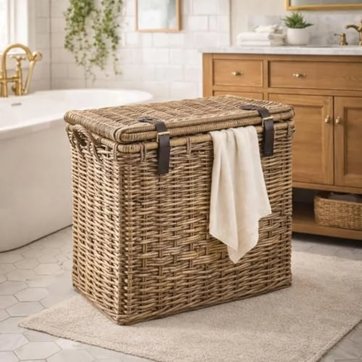 Kobolo Aufbewahrungskorb Universalkorb aus Rattan mit Deckel, Griffen und Lederriemen (Einzelstück, 1 St, 1 Stück), Ordnungssystem mit viel Stauraum – Bild 2