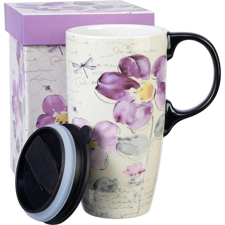 Topadorn Reisetasse aus Keramik, 500 ml Versiegelter Deckel mit Geschenkbox Violette Blume