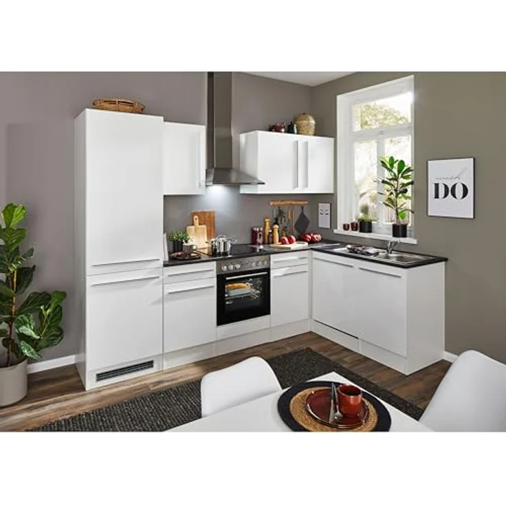 Jazz 8 Moderne Eckküche ohne Elektrogeräte in Weiß Hochglanz, Metallic Grau - Geräumige Küchenzeile in L-Form mit viel Stauraum - 280 x 211 x 60 cm (B/H/T) – Bild 3