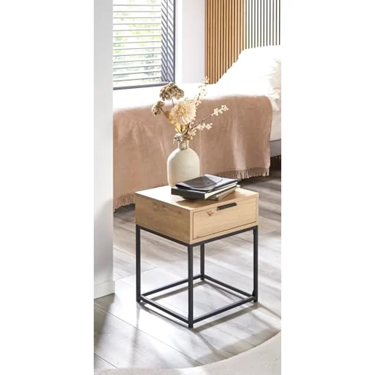 XXXL Nachtschrank Schwarz, Eiche und Metall, 1 Schublade, 40x50x40 cm, Schlafzimmermöbel – Bild 9