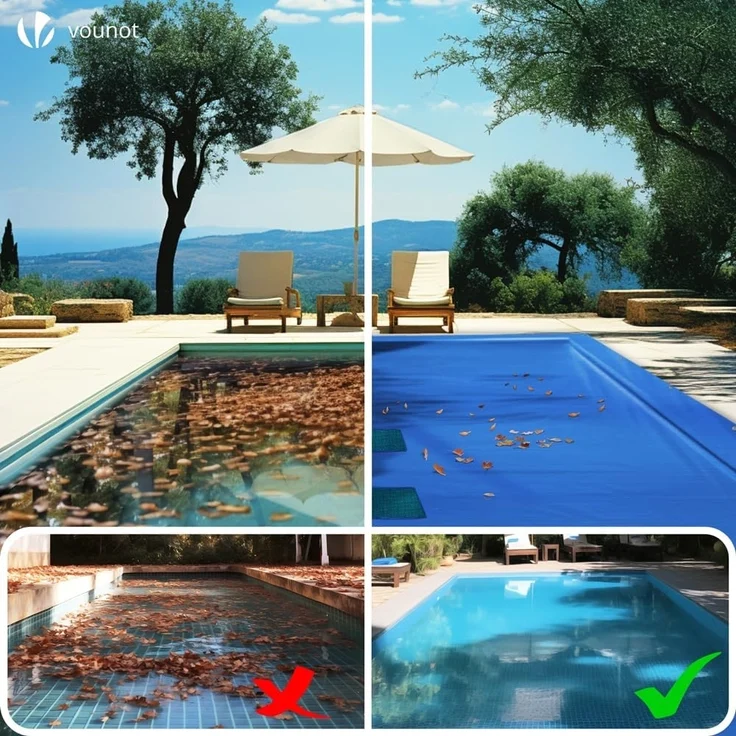 VOUNOT Poolabdeckung rechteckig, Pool Abdeckplane aus Polyethylen 160 g/m² mit Abflussnetz, Doppelte Poolplane Wasserdicht Schimmelresistent Reißfest mit Aluminiumösen 4X9m – Bild 3