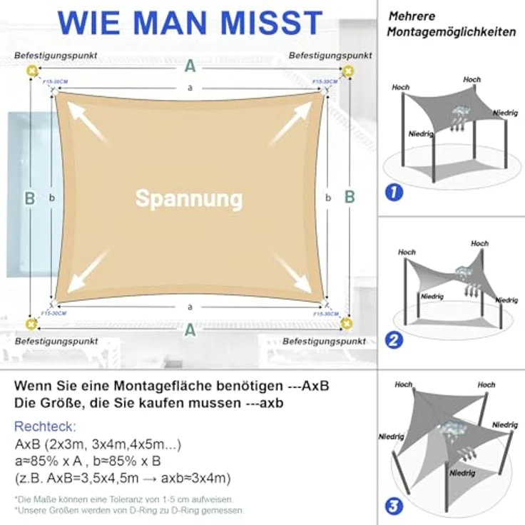 LOVE STORY Sonnensegel Wasserdicht 3. 5x5 m Rechteckig PES Polyester Sonnenschutz Windschutz Balkon Terrasse 95% UV-Schut,für Balkon Garten,Sandbeige – Bild 6