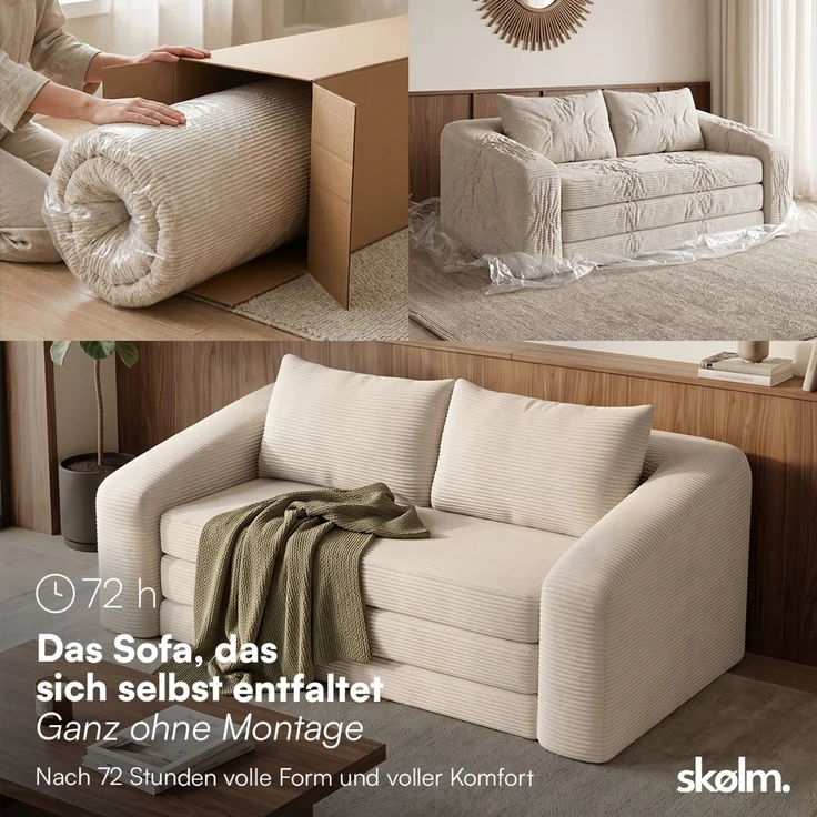 skølm 'Fjäll' Schlafsofa 2 Sitzer mit 2 Kissen, beige, Cordsofa ausklappbar, mit Liegefunktion, vakuumverpackt ohne Aufbau – Bild 3