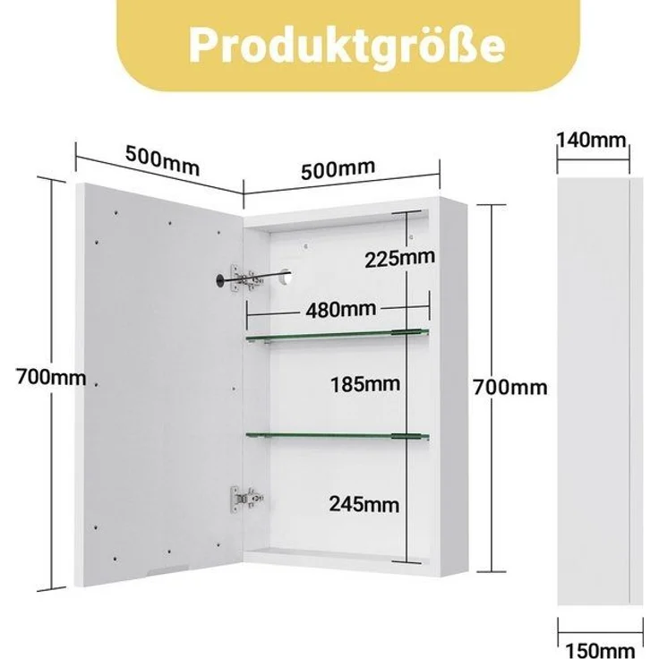 FUROKOY Badezimmerspiegelschrank Spiegelschrank Hängeschrank (Set, 1-St, Weißer Badezimmerschrank mit Spiegel) Wandschrank mit 1 Türen, 70 x 50 x 15 cm, Weiß – Bild 4