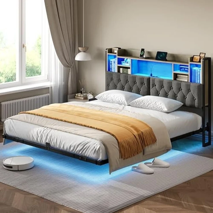 YITAHOME Bettgestell LED mit Kopfteil LED-Doppelbett 180x200CM mit schwebendem Design, Metallrahmen, Stoffbezug in Grau, inkl. USB-Ladestation und Beleuchtung, ohne Matratze – Bild 1