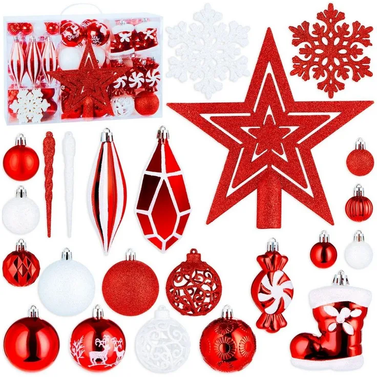 BRUBAKER Weihnachtsbaumkugel XXL Weihnachtskugel Set - Premium Christbaumschmuck (128 St), Baumschmuck mit Glitzer Kugeln, Figur Anhängern und Baumspitze Stern