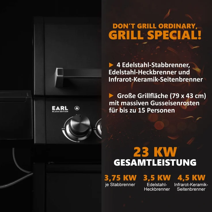 BURNHARD® 4-Brenner Gasgrill Edelstahl inkl. Heckbrenner, mit Gusseisen Grillrost & inkl. stabiler Abdeckhaube, Seitenkochfeld mit Infrarot Keramikbrenner, Schwarz - Big EARL - Schwarz - #946399 – Bild 3