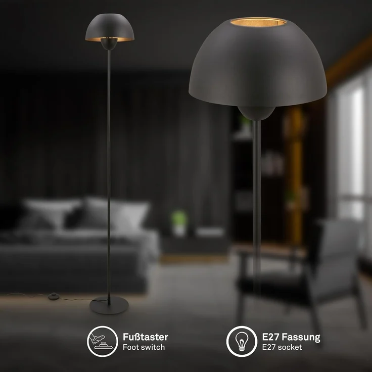 BRILONER - Stehlampe mit Fußtaster, E27 Fassung, max. 10W, Leselampe, Wohnzimmerlampe, Schlafzimmer Deko, Deckenfluter, Standleuchte, Stehleuchte, 25x156,5 cm (DxH), Schwarz – Bild 2