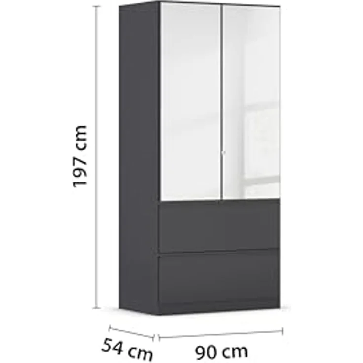 Rauch Möbel Costa, Kleiderschrank für Schlafzimmer, Kinderzimmer, Babyzimmer, Garderobe, 2-türig, Spiegel, 2 Schubladen, Push-to-Open, Zubehör Premium, Farbe Grau metallic, Schwarz, Breite 91 cm – Bild 3