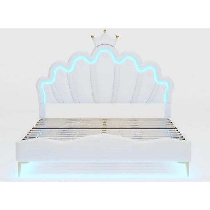 Flieks Polsterbett, LED Kinderbett Doppelbett mit krone-Form Prinzessinnenbett 140x200cm – Bild 4