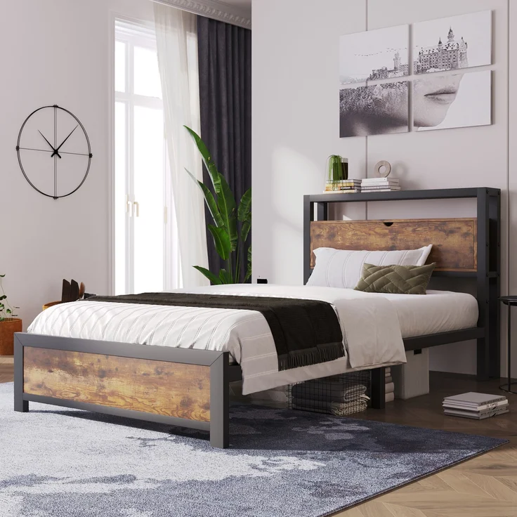 Metallbett mit Stauraum-Kopfteil & Lattenrost, 100x216x95 cm, Natur, ohne Matratze – Bild 8