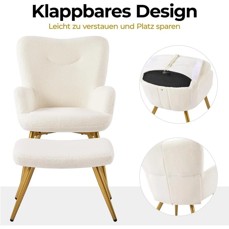 Yaheetech Sessel Ohrensessel mit Hocker aus Boucle-Gewebe, Relaxsessel mit Fußstütze, Loungesessel mit Klappbarer Rückenlehne, Fernsehsessel für Wohnzimmer/Schlafzimmer Elfenbein – Bild 7