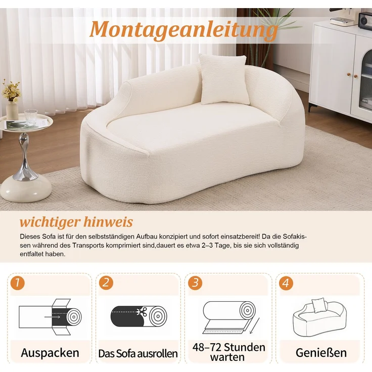 Schlafsofa in Weiß aus Chenille, geschwungene Chaiselongue mit tiefer Sitzfläche und Kissen,65x155x96 cm – Bild 4