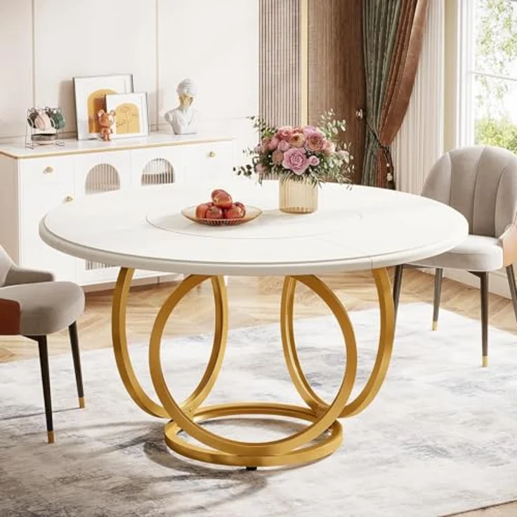LITTLE TREE Esstisch Rund, moderner 120cm Küchentisch für 4-6 Personen, Couchtisch Beistelltisch mit 2 Ebenen & Metallrahmen für Wohnzimmer, Esszimmer und Küche, Weiß/Gold – Bild 1