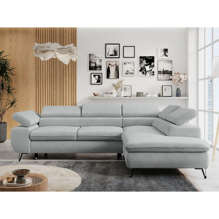 Mks Möbel 'Peter L-form' Ecksofa mit Bettfunktion, Bettkasten & einstellbaren Kopfstützen, Hellgrau, Mikrofaser, mit Topper, rechts – Bild 1