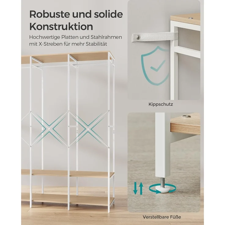 SONGMICS Kleiderschrank offen, Kleiderständer, Garderobenständer, Garderobe mit Kleiderstange, Ablagen, abnehmbare Haken, 40 x 141 x 180 cm, naturbeige RGR005W67 – Bild 5