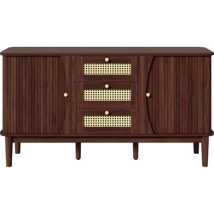 Sideboard 141 x 40 x 77 cm aus MDF mit Rattanschubladen und Schiebetüren – Bild 4
