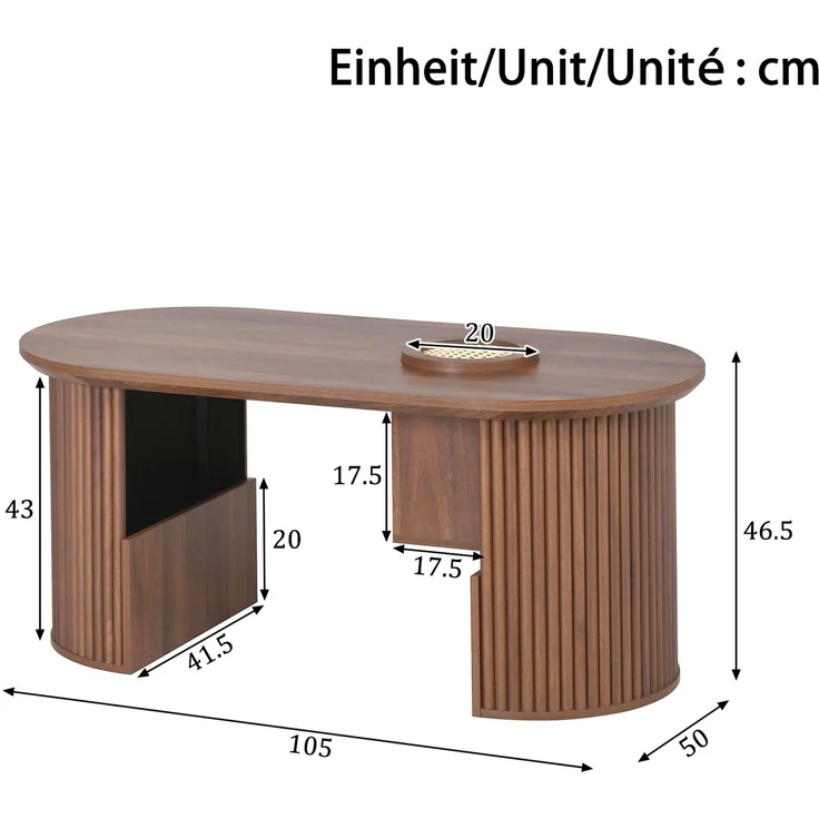 Ovaler Couchtisch aus MDF mit Ablagefächern, 105x50x46,5 cm, Walnuss – Bild 5