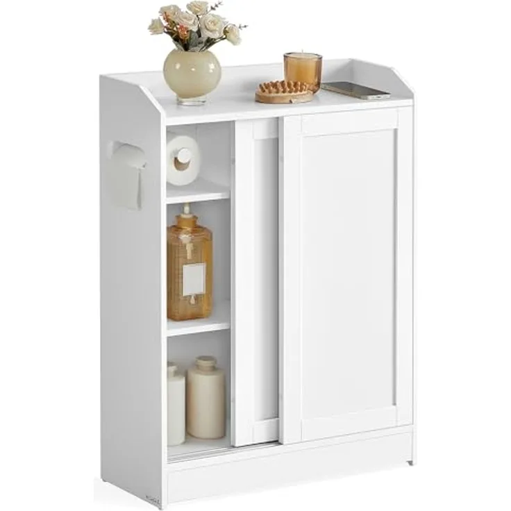 Vasagle Badezimmerschrank, Badschrank platzsparend, Toilettenrollenhalter, Toilettenbürstenhalter, Schiebetüren, verstellbare Einlegeböden, neben der Toilette, 20 x 60 x 80 cm, wolkenweiß BBC752W01