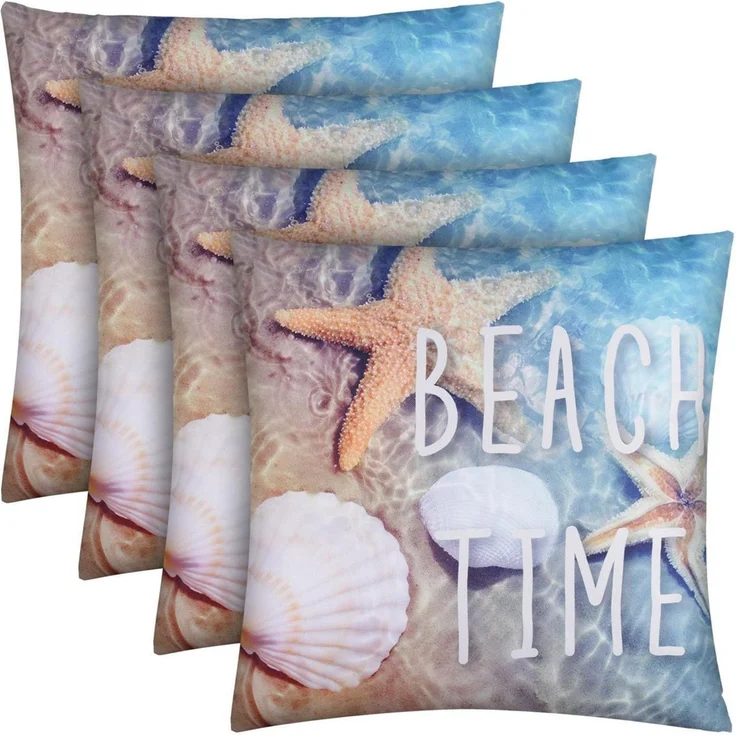 Outdoor Kissen mit Paspel ( 45 x 45 cm ) Dekokissen Garten - Reißverschluss - Schmutz- und Wasserabweisend - abnehmbarer Kissenbezug Beach Time 4er-Pack – Bild 1