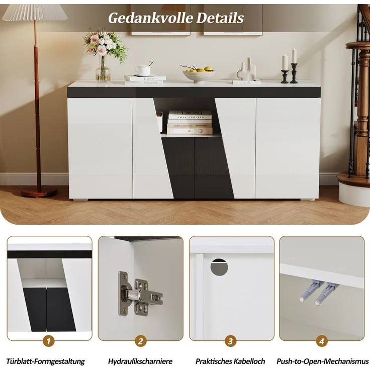 Merax 140 cm Sideboard, Großer Aufbewahrungsschrank mit 3 Schränken und 4 Türen, Abgewinkeltes Design + Schwarz-Weiß-Farbblockierung, Moderne Kommode mit LED-Lichtleiste – Bild 5