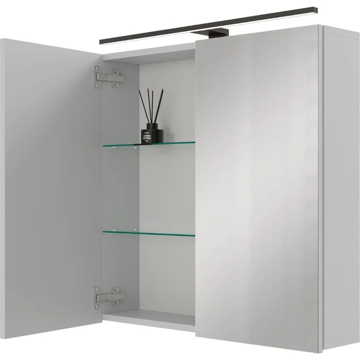 Planetmöbel ARIA Spiegelschrank Bad mit Beleuchtung 70 cm breit | Badschrank hängend mit Spiegel | Weiß Grau, mit Leuchte und Steckdose, Spiegelschrank Gäste WC 70 x 70 x 16 cm – Bild 1