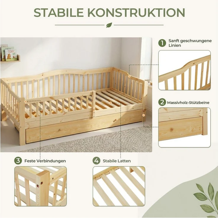 LEADZM Kinderbett mit Schubladen 70x140 / 80x160 / 90x200cm, Hausbett mit Lattenrost, Bodenbett mit Stauraum und Abnehmbarer Barriere, Naturbelassen – Bild 3