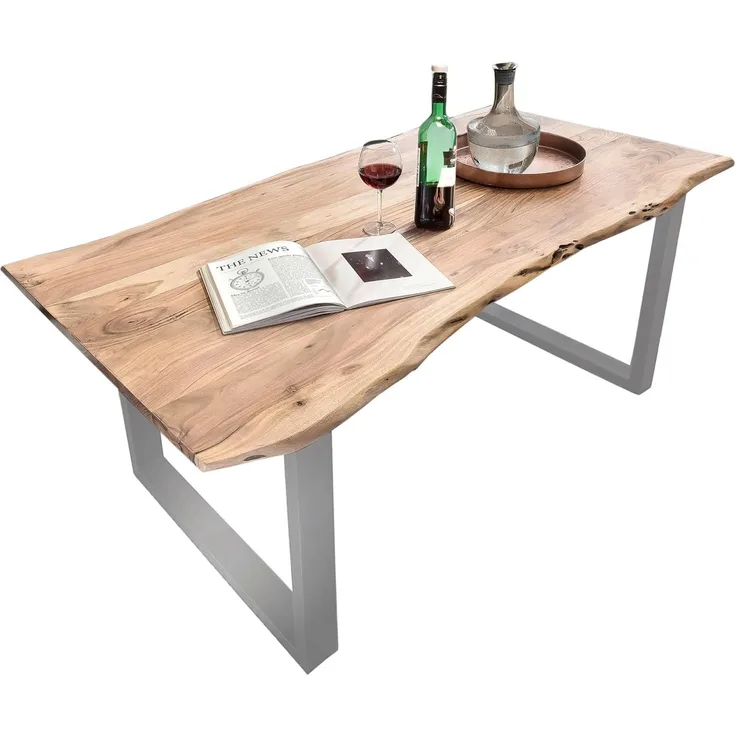SAM Baumkantentisch 200x100 cm Quarto, Esszimmertisch aus Akazie, Holz-Tisch mit Silber lackierten Beinen