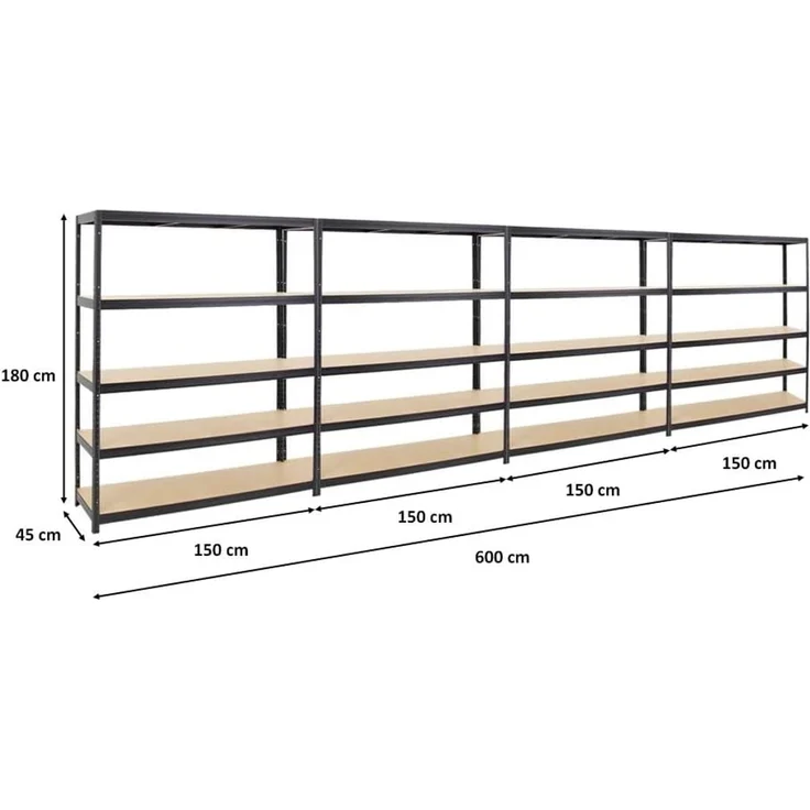 PROREGAL Mega Deal 4er-Set Schwerlastregale Giant Elephant 180 x 150 x 45 cm mit 5 Ebenen Fachlast 200kg Schwarz, Kellerregal, Steckregal, Garagenregal, Lagerregal – Bild 2